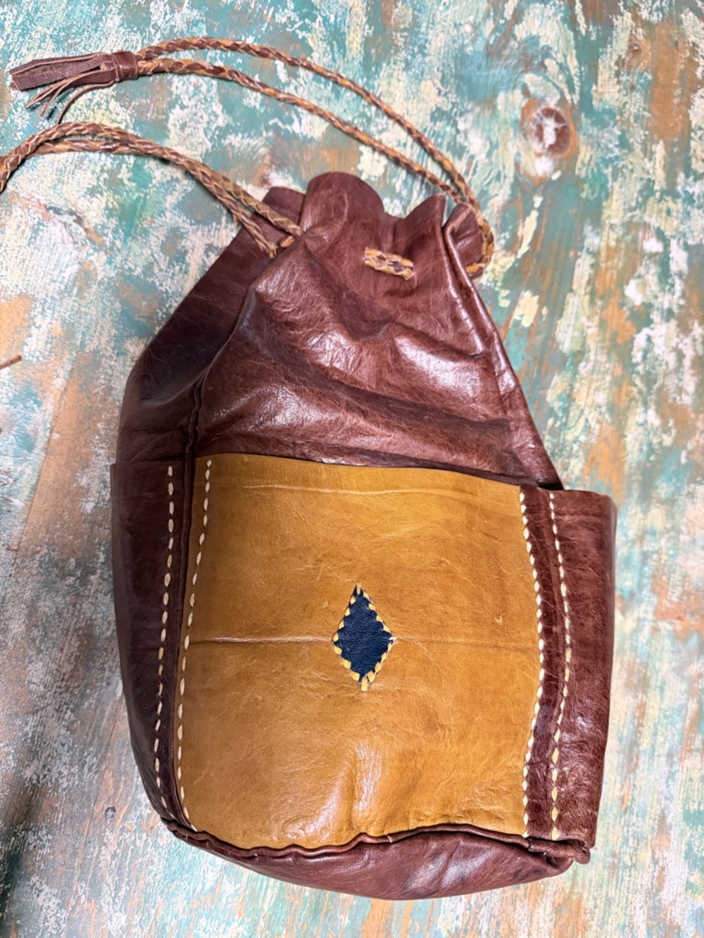 Brown & Tan Leather Drawstring Crossbody Bag with Navy Accent
